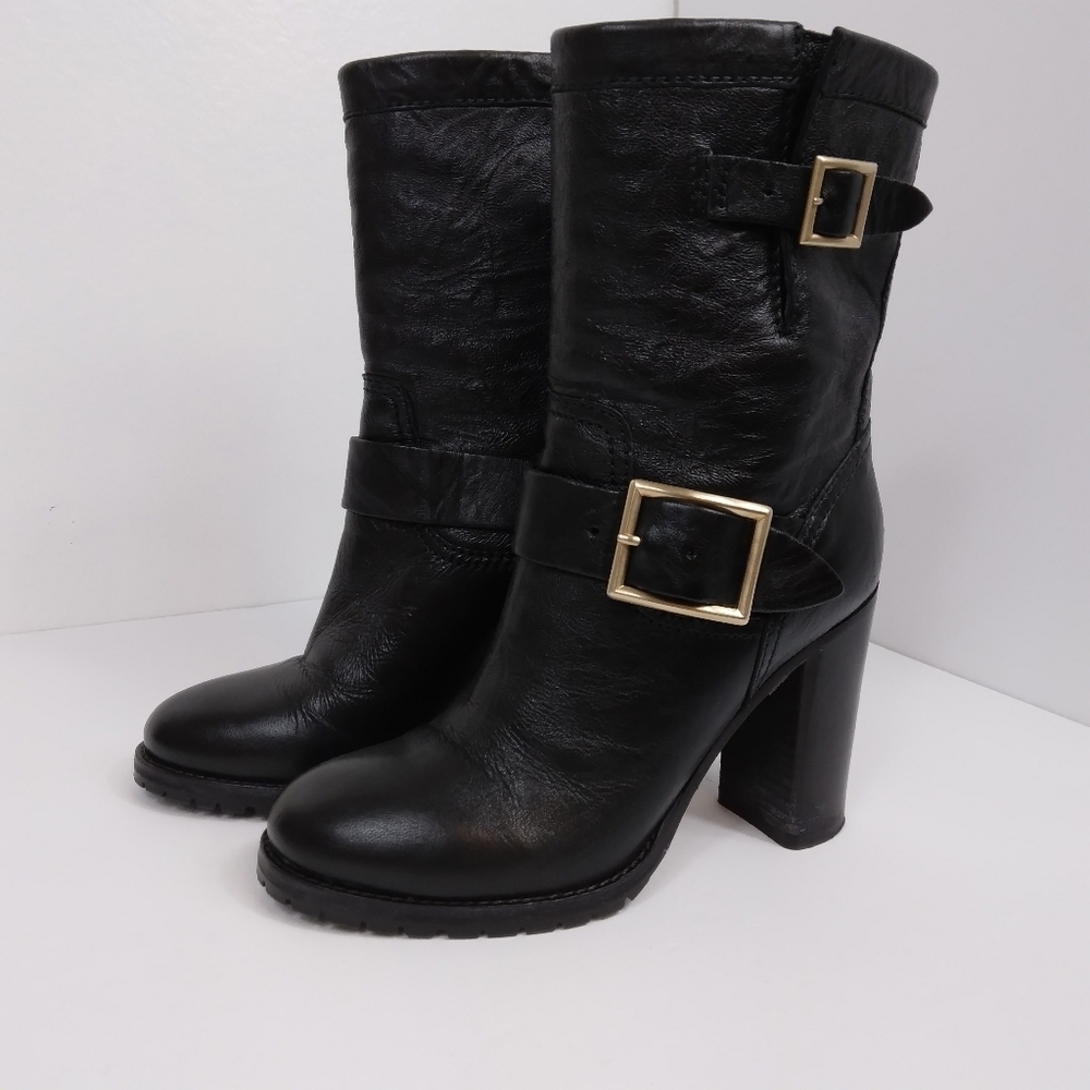 EU Size 34 1/2 Jimmy Choo Dart Black Biker Moto Heeled Leather Boots